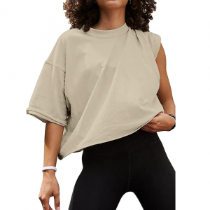 Women's Oversize Workout Crop Tops Casual Short Sleeve Drop Shoulder Boxy T-Shirts